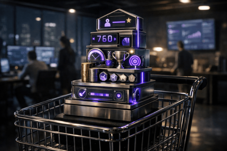 A photorealistic medium-wide cinematic shot, camera positioned approximately 1–2 meters from the subject, capturing a sleek physical 3D sculpture representing gamified marketing — a premium glass-and-brushed-metal isometric totem built from stacked miniature dashboards, score counters, coins, badges, and mission cards — placed prominently on the top rack of a chrome wire shopping cart, clearly readable within a realistic environment. The object integrates subtle electric-purple accents indicating intelligence or activity without overpowering realism, with thin neon-like edge lighting, discreet glowing icons, and data-like reflections along its contours. Set in a dimly lit, high-end e-commerce marketing war room at night, with glass walls revealing a moody city skyline, large wall-mounted screens and desks filled with multi-monitor setups displaying softly blurred analytics dashboards, and a few diverse marketing professionals working or walking in the background and periphery, slightly out of focus so the sculpture on the cart remains the hero. Lighting is low-key and practical, coming from monitor glow and a few ceiling fixtures, complemented by a soft integrated white spotlight from the side gently revealing form, texture, and depth on the sculpture and chrome cart. Cinematic realism, natural depth of field, premium materials, ultra-detailed, 8K, subtle tech-noir atmosphere with neutral corporate tones, cool shadows, and restrained electric-purple #7B63FF highlights, no text, no captions, no watermarks.