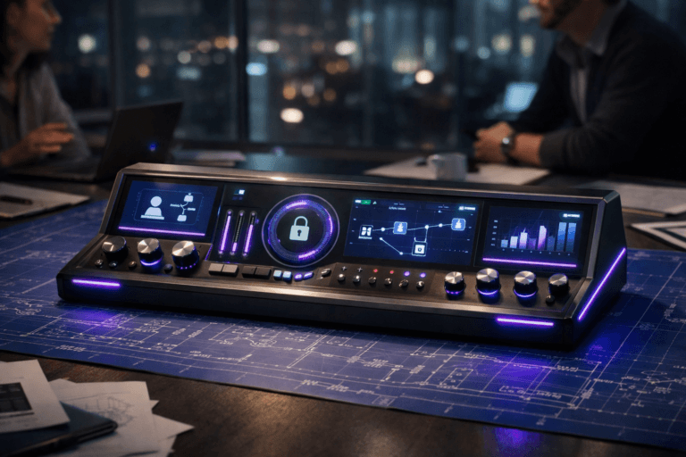 A photorealistic medium-wide cinematic shot, camera positioned approximately 1–2 meters from the subject, capturing a sleek, physical cockpit-like privacy control console representing GDPR in digital product development, resting at the center of a large blue engineering blueprint sheet carefully spread across a modern table. The console looks like a premium tabletop control panel with small embedded displays, analog-style dials and sliders, glowing status indicators, and minimalist data-visualization graphics symbolizing consent states, data flows, encryption, and KPIs, all clearly readable and physically plausible. The object integrates subtle electric-purple (#7B63FF) accents along its LED strips, interface highlights, and edge lighting, indicating intelligence and continuous monitoring activity without overpowering realism. Set in a Tech-Noir evening product-squad war room inside a contemporary European tech office, with glass walls, faint reflections of city lights and distant screens, laptops and scattered documents around the table, and a diverse group of professionals in smart-casual attire softly out of focus at the edges of the frame, leaning in and gesturing as they discuss the console and blueprint. Lighting is low-key and practical, driven by desk lamps, laptop screens, and wall monitors, complemented by a soft integrated white spotlight from above that gently reveals the form, metallic and matte textures of the console, the grid of the blue blueprint paper, and the grain of the tabletop, creating rich depth and subtle shadows. Cinematic realism, natural shallow-to-medium depth of field, 35mm lens look, neutral corporate palette with restrained cyan and electric-purple neon accents, premium materials, ultra-detailed, 8K, no captions, no text, no watermarks.
