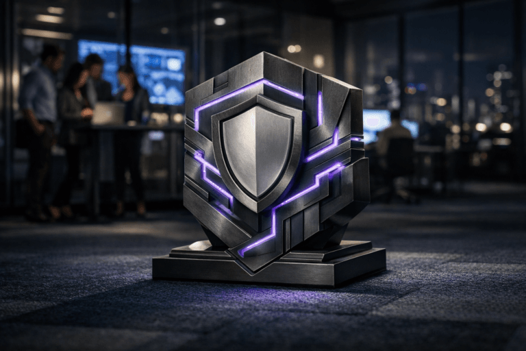 A photorealistic medium-wide cinematic shot, camera positioned approximately 1–2 meters from the subject, capturing a sleek, desk-sized physical sculpture that embodies GDPR as the clear hero object: a solid, premium geometric totem combining shield and data-flow motifs, with clean isometric-inspired facets, layered planes and inlaid light channels, resting directly on a dark navy modular office carpet typical of corporate floors. The sculpture is made of brushed dark metal and frosted glass with subtle electric-purple (#7B63FF) accents glowing softly along its recessed lines and edges, suggesting intelligent data flows while still feeling realistic and tactile, with fine surface texture, reflections and micro-scratches. Set in a modern tech-driven corporate office at night in a subtle Tech-Noir mood, with the carpeted floor extending into an open-plan space: glass partitions, hints of workstations and large wall-mounted dashboards in the midground, and a distant city skyline through tall windows. Natural human presence appears in the softly blurred background and periphery: a small, diverse group of professionals in business-casual attire gathered around glowing laptops and screens, standing or leaning casually, engaged in discussion with neutral, focused expressions, clearly secondary to the GDPR sculpture in the foreground. Lighting is low-key and practical, coming from computer monitors, wall dashboards and a few ceiling fixtures, complemented by a soft integrated white spotlight from above and slightly to the side that gently reveals the form, edges and texture of the hero sculpture and the pattern of the navy carpet, creating controlled contrast and subtle reflections without harsh glare. Cinematic realism, natural shallow-to-medium depth of field with the sculpture in crisp focus and the people and office environment tastefully blurred, neutral corporate tones of gray, charcoal and navy balanced with restrained electric-purple neon accents on the sculpture and screen reflections, premium materials, ultra-detailed, 8K, no captions, no text overlays, no watermarks.