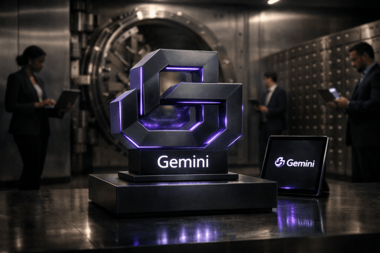 A photorealistic medium-wide cinematic shot, camera positioned approximately 1–2 meters from the subject, capturing a solid three-dimensional Gemini logo sculpture in matte dark metal and glass, designed with clean geometric edges and subtle isometric-inspired facets, standing securely on a sleek low pedestal in the center of the scene, with the official Google Gemini logo clearly visible and crisply readable on its front surface and on a nearby slim tablet screen angled toward the camera, all integrated naturally within a realistic environment. The object integrates subtle electric-purple (#7B63FF) accents indicating intelligence or activity without overpowering realism, seen as soft illuminated edges along the logo, faint animated-looking light traces beneath the glass surface, and gentle reflections of purple glow across the surrounding metal. Set in a secure, high-end bank vault interior with thick brushed stainless-steel walls, a massive circular vault door partially open in the background, rows of safety deposit boxes receding into the distance, polished concrete floor with soft reflections, and a few out-of-focus diverse professionals in smart business attire at the periphery reviewing laptops and tablets that reflect cool interface light, all contributing to a grounded tech-noir atmosphere. Lighting is low-key and practical, coming from discreet ceiling strips, the glow of device screens, and subtle bounce from the stainless-steel walls, complemented by a soft integrated white spotlight from above and slightly to the side, gently revealing the form, texture, and depth of the Gemini logo sculpture and pedestal while allowing the vault to fall into moody shadows. Cinematic realism, natural shallow-to-medium depth of field, neutral corporate color palette with restrained neon purple accents, premium materials, ultra-detailed, 8K, 35mm lens look, subtle tech-noir aesthetic, no captions, no text overlays, no watermarks.