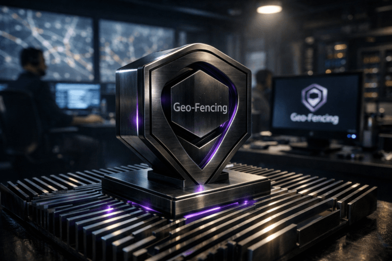 A photorealistic medium-wide cinematic shot, camera positioned approximately 1–2 meters from the subject, capturing a solid 3D isometric Geo-Fencing logo sculpture made of brushed dark metal and smoked glass, edges softly illuminated and resting on a detailed finned aluminum heat-sink surface, the Geo-Fencing brand mark clearly visible on its front face and subtly echoed on a nearby monitor, clearly readable within a realistic environment. The object integrates subtle electric-purple accents indicating intelligence or activity without overpowering realism, with fine neon reflections running along the heat-sink fins. Set in a dim, futuristic operations control room with large wall screens showing softly blurred real-time city maps and fleet routes, glass-and-metal workstations, and out-of-focus diverse professionals monitoring logistics dashboards in the background, with occasional hints of server racks and IoT hardware to suggest high-performance infrastructure, with natural human presence in the background or periphery. Lighting is low-key and practical, coming from the cool glow of screens and a few overhead fixtures, complemented by a soft integrated white spotlight from above and slightly to the side, gently revealing the logo’s form, the metallic texture of the heat sink, and subtle reflections on the glass surfaces. Cinematic realism, natural depth of field, 35mm lens look, premium materials, ultra-detailed, 8K, no captions, no text overlays, no watermarks.