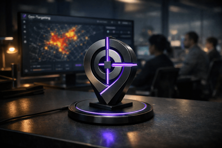 A photorealistic medium-wide cinematic shot, camera positioned approximately 1–2 meters from the subject, capturing a sleek 3D isometric desktop sculpture of the Geo-Targeting logo as the hero object, made of matte black and brushed metal with the Geo-Targeting logo clearly readable on its front face, resting precisely centered on a circular black wireless charging pad on a modern desk within a realistic environment. The object integrates subtle electric-purple (#7B63FF) accent light traces along the logo’s edges and a thin glowing ring on the charging base, indicating intelligence or activity without overpowering realism. Set in a dimly lit tech-noir marketing control room at night, a real-world office where a large ultra-wide monitor in the background displays a city map heatmap and geo-targeting analytics from a Geo-Targeting SaaS dashboard with the brand logo subtly visible in the interface, glass walls revealing a faint city skyline, and a diverse marketing manager plus a few colleagues present as softly blurred, candid figures working at their workstations in the background or periphery. Lighting is low-key and practical, coming from the monitor glow, a small desk lamp, and distant city light, complemented by a soft integrated white spotlight from above and slightly to the side, gently revealing the form, texture, and depth of the logo sculpture, the charging pad, and the desk surface. Cinematic realism, 35mm lens look, natural shallow-to-medium depth of field, neutral corporate color palette with restrained neon purple and cool cyan accents, premium materials, ultra-detailed, 8K, no text, no captions, no watermarks.