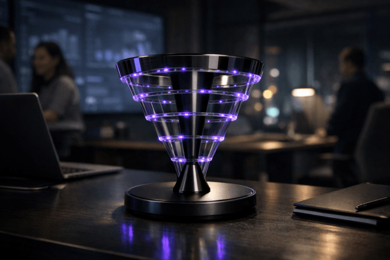 A photorealistic medium-wide cinematic shot, camera positioned approximately 1–2 meters from the subject, capturing a sleek physical desktop sculpture representing B2B demand generation: a polished black metal and glass funnel-like structure made of interlocking translucent rings with tiny embedded LED nodes, softly pulsing with subtle electric-purple #7B63FF accents, mounted on a circular matte-black wireless charging base resting on a dark, tidy workstation desk, clearly readable within a realistic environment. The object integrates subtle electric-purple accents indicating intelligence or activity without overpowering realism. Set in a contemporary Tech-Noir corporate marketing control room at night, with neutral-toned furniture, large wall-mounted screens showing softly blurred analytics dashboards, hints of neon city lights through glass walls, and a few realistic, diverse professionals in the background collaborating in candid poses while remaining out of focus, with natural human presence in the background or periphery. Lighting is low-key and practical, coming from monitor glow and a discreet desk lamp, complemented by a soft integrated white spotlight from above or the side, gently revealing form, texture, and depth. Cinematic realism, natural depth of field, 35mm lens look, premium materials, ultra-detailed, 8K, no text, no UI legibility, no captions, no watermarks.