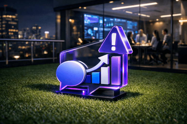 A photorealistic medium-wide cinematic shot, camera positioned approximately 1–2 meters from the subject, capturing a sleek 3D isometric acrylic sculpture of the official “Gerenciamento de Crises nas Redes Sociais” logo standing upright on a perfectly trimmed, vibrant synthetic grass surface, the logo’s geometric shapes clean and sharply defined, clearly readable as the hero object within a realistic environment. The object integrates subtle electric-purple (#7B63FF) edge lighting and internal reflections indicating intelligence and digital activity without overpowering realism. Set on a nighttime corporate rooftop terrace covered with synthetic turf, framed by glass railings and a panoramic tech-noir city skyline of high-rise office buildings and soft neon accents in the distance; through a large glass wall behind the logo, a modern crisis command room is visible with a wall of screens showing abstract social media dashboards and data visualizations, and a diverse group of realistic professionals in business-casual attire collaborating around a central table in the background and periphery. Lighting is low-key and practical, combining cool ambient city glow, the spill from interior screens and office lights, and a soft integrated white spotlight from above gently illuminating the logo sculpture and grass, revealing form, texture, and depth while the background falls slightly out of focus. Cinematic realism, natural shallow-to-medium depth of field, neutral corporate tones with restrained electric-purple accents, premium materials, ultra-detailed, 8K, no captions, no text overlays, no watermarks.