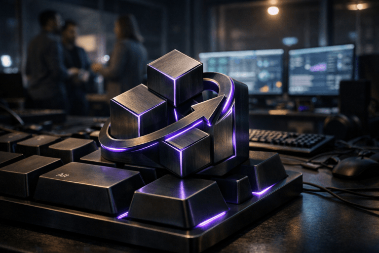 A photorealistic medium-wide cinematic shot, camera positioned approximately 1–2 meters from the subject, capturing a solid 3D isometric-style physical logo sculpture of the “Gerenciamento de Releases” platform, with the official logo clearly visible and sharply focused on its front face, resting naturally across the oversized keycaps of a giant black mechanical keyboard on a sleek workstation desk. The logo object has premium materials (brushed dark metal and smoked glass), crisp isometric edges and subtle electric-purple (#7B63FF) light traces running through its surfaces and around a few keycaps, indicating intelligent release orchestration activity without overpowering realism. Set in a modern tech-noir DevOps control room at night inside a glass-walled corporate office, with multiple ultra-wide monitors and dashboards glowing softly in the background, cables, peripherals and a second normal-sized keyboard adding believable clutter. In the softly blurred periphery, a diverse group of realistic professionals in casual-business attire (DevOps, product and marketing) collaborates around the workstation, lit by the monitor glow, their presence secondary to the hero logo and giant keyboard. Lighting is low-key and practical, coming from the monitor screens, a distant window glow and a single soft integrated white spotlight from above and slightly to the side, gently revealing the form, texture and depth of the logo sculpture and the mechanical keycaps while letting the background fall into moody shadows. Subtle reflections and neon-like electric-purple accents on edges and desk surfaces create a restrained tech-noir atmosphere against neutral corporate tones of charcoal, graphite and muted blues. Cinematic realism, 35mm–50mm photographic look, natural shallow-to-medium depth of field, premium materials, ultra-detailed, 8K, no captions, no text overlays, no watermarks.