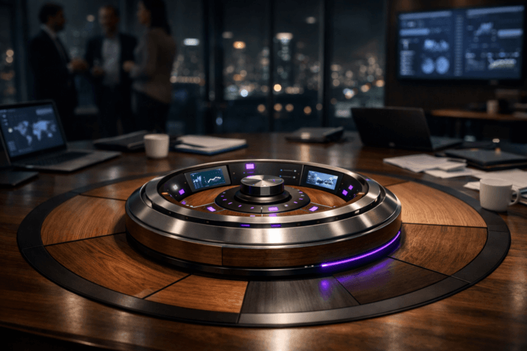 A photorealistic medium-wide cinematic shot, camera positioned approximately 1–2 meters from the subject, capturing a sleek, sculptural physical “management control hub” object: a circular wood-and-brushed-metal console resting at the center of a painted wooden pie-chart inset into a modern executive desk, with layered rings, subtle embedded LED indicators and miniature integrated screens clearly readable within a realistic environment. The object integrates subtle electric-purple accents indicating intelligence or activity without overpowering realism. Set in a glass-walled corporate war room at night, overlooking a futuristic city skyline, with large wall-mounted data dashboards softly out of focus, laptops and tablets glowing on the table, scattered documents, notebooks and coffee cups hinting at an ongoing strategy review, and a small group of diverse professionals standing and conversing in the background or periphery. Lighting is low-key and practical, coming from the screens, a few desk lamps and city lights, complemented by a soft integrated white spotlight from above, gently revealing form, texture, and depth on the control hub and the wooden pie-chart surface. Cinematic realism, natural depth of field, premium materials, ultra-detailed, 8K, neutral corporate palette with restrained neon purple accents, no captions, no text overlays, no watermarks.