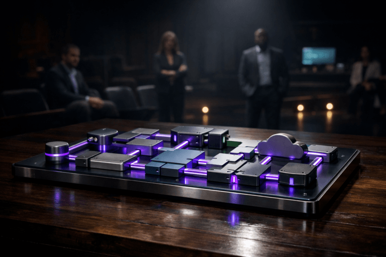 A photorealistic medium-wide cinematic shot, camera positioned approximately 1–2 meters from the subject, capturing a sleek physical “API control board” on a dark wooden theater stage, covered with modular, color-coded plug-like connectors made of matte metal and acrylic, each piece cleanly interlocking to form an elegant, interconnected network pattern, clearly readable within a realistic environment. The object integrates subtle electric-purple (#7B63FF) LED accents along connector edges and seams, indicating intelligence and data flow without overpowering realism. Set in a dim, tech-noir theater environment with a rich dark-wood stage under a single focused spotlight, the surrounding auditorium fading into shadow, and a few softly blurred, realistically diverse professionals in business-casual attire standing or seated near the front row, observing the illuminated control board from the periphery. Additional practical light comes from faint floor lights at the edge of the stage and a distant, out-of-focus backstage monitor casting a cool cyan glow, creating layered reflections on the connectors and control surface. Lighting is low-key and directional, complemented by a soft integrated white spotlight from above that gently reveals form, texture, and depth of the connectors and stage, with natural shallow-to-medium depth of field, cinematic realism, neutral corporate tones with restrained neon purple accents, premium materials, ultra-detailed, 8K, no captions, no text overlays, no watermarks.