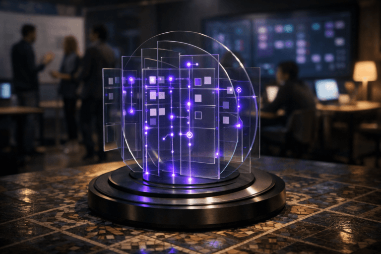 A photorealistic medium-wide cinematic shot, camera positioned approximately 1–2 meters from the subject, capturing a sleek physical tabletop “backlog radar” sculpture representing strategic backlog management: a circular matte-black and brushed-metal base with concentric rings, from which rises a cluster of semi-transparent glass panels arranged like a 3D kanban board, each panel layered at varying depths like radar slices, with minimal etched lines and icon-like shapes (no legible text), tiny embedded LEDs tracing card columns and connections, glowing subtly in electric purple (#7B63FF) along the edges and nodes, clearly readable within a realistic environment. The object integrates subtle electric-purple accents indicating intelligence or activity without overpowering realism. Set in a dimly lit, late-night digital product squad war room in a contemporary tech office, built over a complex geometric mosaic tile floor with intricate geometric patterns beneath the sculpture, surrounded in the background by softly blurred standing desks, laptops, and large wall-mounted dashboards showing out-of-focus charts and kanban boards with no readable text, with a diverse group of realistic professionals collaborating in the periphery, some standing near whiteboards and others seated at screens, all secondary to the hero object. Lighting is low-key and practical, coming from computer monitors, a few warm desk lamps, and distant ceiling fixtures, complemented by a soft integrated white spotlight from above and slightly to the side of the sculpture, gently revealing the form, glass reflections, and fine textures of metal and stone, while casting subtle shadows across the mosaic floor. Cinematic realism, 35mm lens look, natural shallow-to-medium depth of field, neutral corporate palette with restrained neon purple and cool cyan screen accents, premium materials, ultra-detailed, 8K, no captions, no text overlays, no logos, no watermarks.