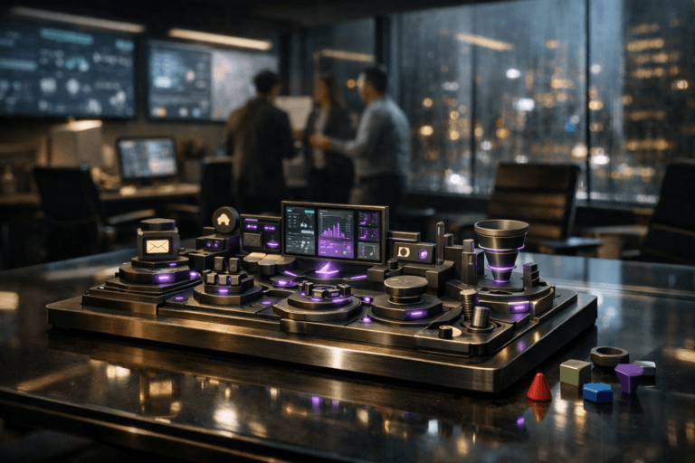 A photorealistic medium-wide cinematic shot, camera positioned approximately 1–2 meters from the subject, capturing a sleek tabletop “campaign control console” sculpture that represents automated marketing campaign management, built as a premium physical 3D isometric miniature landscape of dashboards, channels and interconnected nodes in brushed dark metal and glass, arranged like a refined sandbox centerpiece on a wide office table, with soft, precise indicator lights and modular pieces clearly readable within a realistic environment. The object integrates subtle electric-purple accents indicating intelligence or activity without overpowering realism. Set in a modern corporate marketing operations war room at night, evoking a sophisticated sandbox environment: a large glass-topped planning table, a few neatly placed colorful analytical tokens and miniature funnel pieces around the hero object, contemporary office chairs, blurred diverse professionals collaborating in the background near wall-mounted displays with abstract, unreadable data visuals and a digital whiteboard, floor-to-ceiling windows revealing a rainy futuristic city skyline with moody reflections, all styled with neutral corporate tones and restrained neon highlights for a Tech-Noir atmosphere. Lighting is low-key and practical, coming from overhead office strips, computer monitors and a nearby desk lamp, complemented by a soft integrated white spotlight from above and slightly to the side, gently revealing form, texture, and depth. Cinematic realism, natural depth of field, premium materials, ultra-detailed, 8K, no captions, no text overlays, no watermarks.