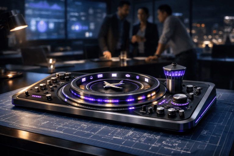 A photorealistic medium-wide cinematic shot, camera positioned approximately 1–2 meters from the subject, capturing a sleek physical “campaign control tower” console as the hero object — a premium desk-sized device that blends an air-traffic control tower and an omnichannel marketing dashboard, with layered circular tracks, miniature airplane and channel icons, tactile knobs and sliders, and softly glowing timeline strips — all resting on a detailed blue graph-paper blueprint sheet stretched across a modern table, clearly readable within a realistic environment. The object integrates subtle electric-purple (#7B63FF) accents along edges, indicators, and light strips to suggest intelligent orchestration and data flow without overpowering realism. Set in a contemporary tech-noir corporate war room at night, a glass-walled marketing control center with large, softly blurred wall screens showing abstract analytics, city lights glowing outside the windows, and a few diverse marketing professionals standing or leaning around the table in the background, engaged in quiet discussion but out of focus. Lighting is low-key and practical, coming from screens, a desk lamp, and a soft integrated white spotlight from above that gently reveals the form, brushed metal and glass materials, and depth of the console and blueprint. Cinematic realism, natural shallow-to-medium depth of field, neutral corporate palette with restrained neon purple accents, premium materials, ultra-detailed, 8K, no captions, no text overlays, no watermarks.