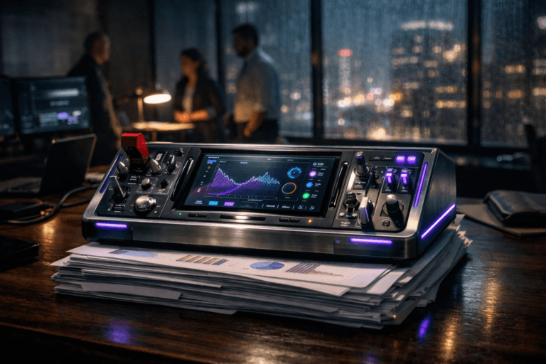 A photorealistic medium-wide cinematic shot, camera positioned approximately 1–2 meters from the subject, capturing a refined real-world hero object: a sleek physical “configuration control console” made of brushed metal and glass, combining the look of an airplane cockpit panel with a modern SaaS dashboard, featuring tactile switches, toggle levers, safety covers, and a central glass display showing abstract system graphs and status lights, the device resting directly on top of a neatly stacked pile of printed financial reports and technical documents on a dark wooden executive desk, clearly readable within a realistic environment. The object integrates subtle electric-purple #7B63FF accents in slim LED indicator lines, softly glowing edge lights, and a few status icons, indicating intelligence and activity without overpowering realism. Set in a late-evening tech-noir corporate operations war room in a high-rise office, with floor-to-ceiling windows revealing a rainy city skyline with soft neon reflections, dim screens and dashboards on nearby workstations, scattered laptops and cables, and a small group of diverse professionals in business-casual attire collaborating in the background and periphery, slightly out of focus, adding natural human presence. Lighting is low-key and practical, coming from computer monitors, a single desk lamp, and city light spilling through the windows, complemented by a soft integrated white spotlight from above and slightly to the side of the console, gently revealing form, texture, and depth in the device, the paper stack, and the desk surface. Cinematic realism, natural depth of field, premium materials, ultra-detailed, 8K, no captions, no on-screen text, no watermarks.