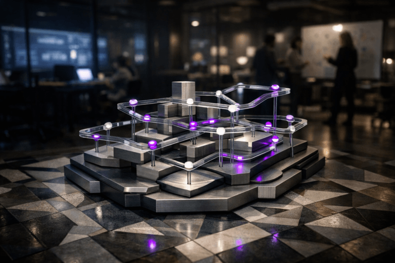 A photorealistic medium-wide cinematic shot, camera positioned approximately 1–2 meters from the subject, capturing a desk-height physical sculpture representing Knowledge Management and AI-powered product decisions: interlocking translucent glass and brushed-metal layers forming a three-dimensional metro-map of connected nodes and pathways, with clear, bold shapes and distinct tiers, resting solidly on the intricate geometric mosaic floor, designed with clean isometric-inspired geometry yet fully tangible and weighty, clearly readable within a realistic environment. The object integrates subtle electric-purple accents indicating intelligence or activity without overpowering realism. Set in a tech-noir corporate product war room: a dimly lit, high-end open office at night with a complex geometric mosaic tile floor, glass walls reflecting faint blurred dashboards and diagrams, large ultrawide screens and laptops casting cool light, and diverse product and marketing professionals collaborating at tables and whiteboards in the softly out-of-focus background or periphery. Lighting is low-key and practical, complemented by a soft integrated white spotlight from above or the side, gently revealing form, texture, and depth. Cinematic realism, natural depth of field, premium materials, ultra-detailed, 8K, no text, no captions, no watermarks.