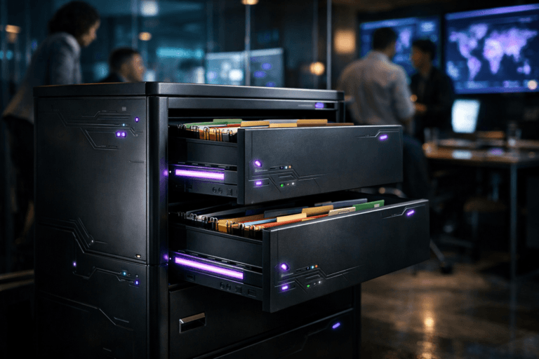 A photorealistic medium-wide cinematic shot, camera positioned approximately 1–2 meters from the subject, capturing a matte dark-steel filing cabinet repurposed as a sleek crisis-management command hub, its slightly open drawers revealing meticulously organized color‑coded folders and built‑in glassy indicator strips softly glowing in electric purple, with subtle circuit‑like engravings and small embedded LED status lights on the metal surface, clearly readable within a realistic environment. The object integrates subtle electric-purple accents indicating intelligence or activity without overpowering realism. Set in a modern tech company crisis war-room office at night in São Paulo, with glass walls, large wall-mounted dashboards and monitors casting cool cyan and purple reflections, and a small group of diverse professionals in business-casual attire collaborating in soft focus in the background or periphery. Lighting is low-key and practical, coming from overhead office fixtures, laptop screens, and wall monitors, complemented by a soft integrated white spotlight from the side gently revealing the cabinet’s form, texture, and depth. Cinematic realism, subtle tech-noir atmosphere, 35mm lens look, natural depth of field, neutral corporate palette with restrained neon purple accents, premium materials, ultra-detailed, 8K, no captions, no readable text on folders or screens, no watermarks.