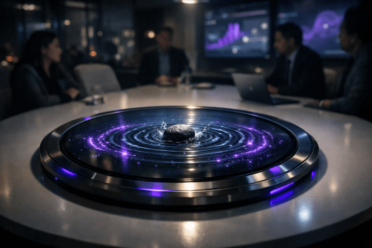 A photorealistic medium-wide cinematic shot, camera positioned approximately 1–2 meters from the subject, capturing a sleek circular glass-surface crisis dashboard device embedded in the center of a white oval conference table, its large screen displaying a hyper-real 3D visualization of a stone impacting water and expanding concentric ripples that resemble data waves, subtly accented with electric-purple #7B63FF highlights representing social media signals, clearly readable within a realistic environment. The object integrates subtle electric-purple accents indicating intelligence or activity without overpowering realism. Set in a dimly lit modern corporate war room for social media crisis management, with softly blurred white conference chairs and out-of-focus diverse professionals seated and standing around the table, distant wall-mounted screens showing abstract analytics and graphs in neutral corporate tones with restrained neon purple accents, laptop and ceiling lights providing practical light sources, and glass walls hinting at a nighttime city outside, with a slight Tech-Noir mood. Lighting is low-key and practical, complemented by a soft integrated white spotlight from above and gentle glow from the dashboard screen, revealing form, texture, and depth on the glass device and table surface while keeping the background subtly out of focus. Cinematic realism, natural shallow-to-medium depth of field, premium materials, ultra-detailed, 8K, no captions, no text overlays, no watermarks, any interface elements are purely graphical without readable text.