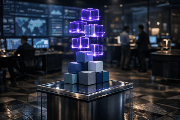A photorealistic medium-wide cinematic shot, camera positioned approximately 1–2 meters from the subject, capturing a waist-high glass-and-metal data pedestal in the center of a real-world analytics command room, supporting a cluster of solid acrylic data cubes in muted blues, greys, and teals, while semi-transparent holographic counterparts of these cubes hover just above them, calmly snapping into a precise geometric tower; the physical cubes rest firmly on the pedestal and the holographic cubes are clearly readable and three-dimensional, with fine electric-purple #7B63FF circuit-like lines subtly pulsing between them to suggest intelligent master data organization, all within a believable corporate environment. The object integrates subtle electric-purple accents indicating intelligence or activity without overpowering realism. Set in a Tech-Noir omnichannel retail command center at night, built over a complex geometric mosaic floor of dark stone and metal inlays, surrounded by glass walls and a panoramic wall of softly glowing dashboards and analytics screens, with an overall palette of charcoal, slate, and neutral tones accented by restrained electric-purple and cyan reflections; a few diverse data professionals in business-casual attire work at their stations or confer around secondary consoles in the background and periphery, slightly out of focus. Lighting is low-key and practical, coming from the dashboards, workstation monitors, and a few desk lamps, complemented by a soft integrated white spotlight from above and slightly to the side of the data pedestal, gently revealing the form, texture, and depth of the cubes and the intricate mosaic floor. Cinematic realism, subtle Tech-Noir atmosphere, natural depth of field, premium materials, ultra-detailed, 8K, no captions, no text overlays, no watermarks.