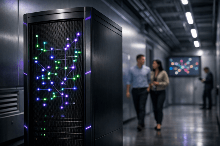 A photorealistic medium-wide cinematic shot, camera positioned approximately 1–2 meters from the subject, capturing a contemporary black rack server tower with premium brushed-metal finish, front mesh panel and rows of physical status LEDs softly blinking, subtly arranged like a connected network map, clearly readable within a realistic environment. The object integrates subtle electric-purple (#7B63FF) accents indicating intelligence or activity without overpowering realism, with a faint neon glow on select indicator lights and reflected edges. Set in a clean metallic service corridor that feels like a high-end ventilation tunnel inside a modern data center, with linear ventilation panels, cable conduits, and access doors receding into depth, cool neutral walls picking up restrained purple reflections, a wall-mounted screen in the background showing an abstract, text-free metro-style dependency map, with natural human presence in the background or periphery as a diverse pair of IT professionals in smart-casual attire walking through the corridor and another figure slightly blurred, checking a tablet near the far end. Lighting is low-key and practical, coming from overhead strip lights, the server LEDs, and the distant screen, complemented by a soft integrated white spotlight from the upper side gently revealing the server’s form, texture, and depth, with subtle contrast and cinematic shadows. Cinematic realism, natural shallow-to-medium depth of field focusing on the server, premium materials, ultra-detailed, 8K, no text, no captions, no watermarks.