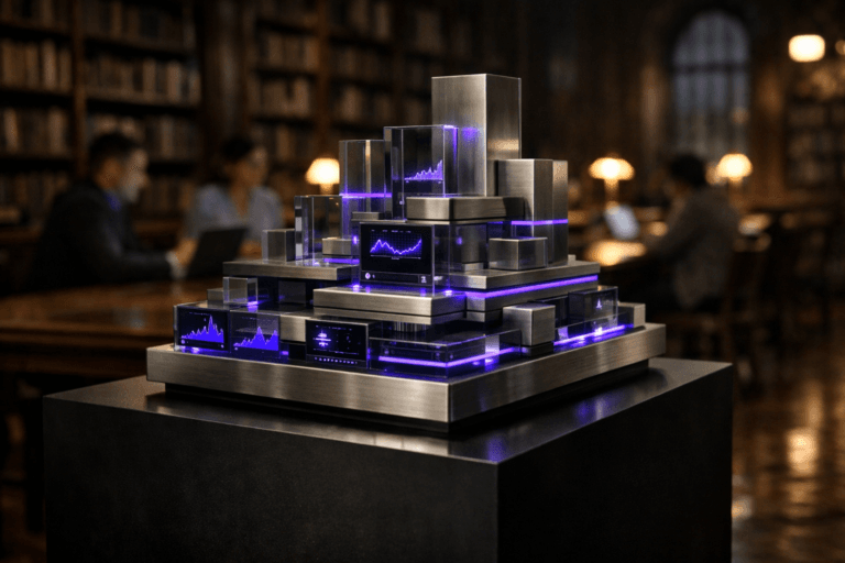 A photorealistic medium-wide cinematic shot, camera positioned approximately 1–2 meters from the subject, capturing a waist-high physical data sculpture on a matte black pedestal representing Application Performance Management: layered glass and brushed metal panels forming a clean, isometric, city-like stack of interconnected blocks and nodes, with tiny screen-like insets showing abstract graphs and latency curves (no readable text), premium materials, sharp edges and refined details clearly readable within a realistic environment. The object integrates subtle electric-purple accents (#7B63FF) along its edges and interface surfaces, with gentle pulsating light indicating intelligence and activity without overpowering realism. Set in a grand, dimly lit old library with dark wooden floors and towering wooden bookshelves rising into the background, warm brass reading lamps and a distant arched window mixing with cooler screen reflections to create a refined Tech-Noir ambiance, with a few diverse professionals in business-casual attire working at a long wooden table in the background, softly out of focus, providing natural human presence without competing with the sculpture. Lighting is low-key and practical, coming from the reading lamps, faint window light and the sculpture’s own integrated LEDs, complemented by a soft integrated white spotlight from above and slightly to the side, gently revealing form, texture, and depth of the sculpture and floor reflections. Cinematic realism, natural shallow-to-medium depth of field, 35mm lens look, neutral corporate tones with restrained neon purple accents, premium materials, ultra-detailed, 8K, no captions, no text overlays, no watermarks.