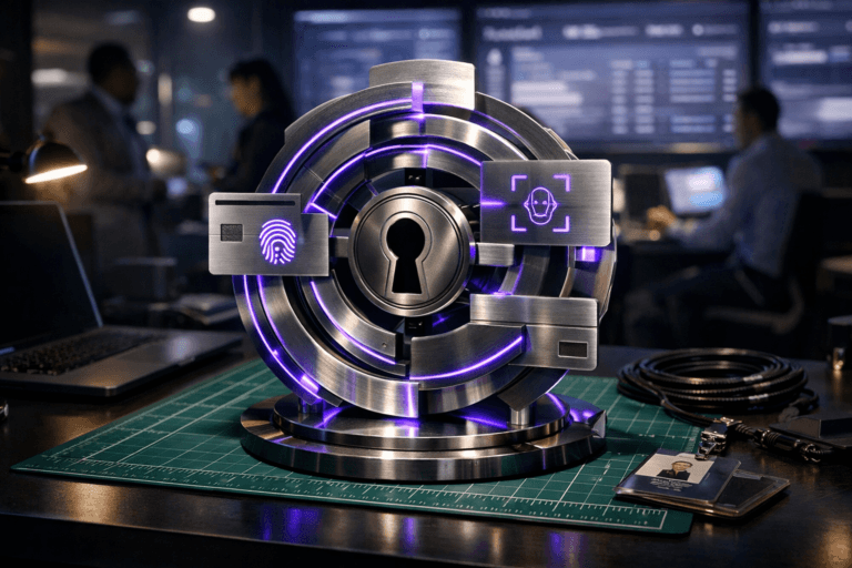 A photorealistic medium-wide cinematic shot, camera positioned approximately 1–2 meters from the subject, capturing a refined physical tabletop sculpture representing Identity and Access Management: an elegant, premium-looking metal and glass structure made of interlocking access cards, biometric icons, and a central keyhole-shaped lock, arranged in layered geometric rings to suggest governance and zero trust, with subtle electric-purple #7B63FF light lines pulsing through its edges, clearly readable as the hero object, resting on a green cutting mat (cutting mat) with a precise white measurement grid atop a dark, modern desk. The object integrates subtle electric-purple accents indicating intelligence or activity without overpowering realism. Set in a real-world Tech-Noir cybersecurity and compliance workspace at night, with the desk surrounded by slim laptops, encrypted security badges, and coiled cables, against a backdrop of glass walls and multiple large monitors showing softly blurred IAM dashboards and audit logs in neutral tones with restrained neon highlights; a few diverse professionals in business-casual attire are visible in the background and periphery, conversing and working at their stations, slightly out of focus. Lighting is low-key and practical, coming from the monitor glow, a nearby desk lamp, and distant office fixtures, complemented by a soft integrated white spotlight from above and slightly to the side that gently reveals the sculpture’s form, texture, and depth, casting clean, realistic shadows across the cutting mat. Cinematic realism, natural shallow-to-medium depth of field with a 35–50mm photographic look, premium materials, ultra-detailed, 8K, no captions, no text overlays, no watermarks.