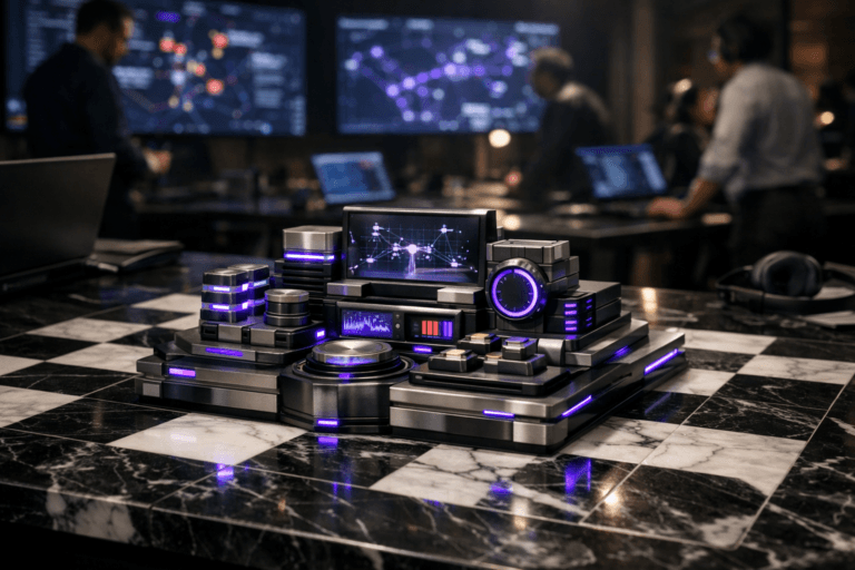 A photorealistic medium-wide cinematic shot, camera positioned approximately 1–2 meters from the subject, capturing a real, desk-sized hero object that physically represents data-driven incident management: a premium metallic-and-glass control console emerging from the center of a glossy black-and-white marble chessboard that covers most of the tabletop, with modular blocks, stacked tiles, dials, and small embedded screens arranged like a strategic incident dashboard, status lights and segmented layers clearly readable and tactile as a sculptural object. The object integrates subtle electric-purple (#7B63FF) accents along edges, light strips, and indicator rings to suggest intelligence, automation, and live metrics, without overpowering the natural materials of marble, brushed metal, and smoked glass. Set in a real-world Tech-Noir environment: a dimly lit Black Friday e-commerce war room in a modern corporate operations center, the marble chessboard resting on a long operations table, large wall-mounted screens in the background showing abstract system maps and graphs (no readable text), laptops and headsets scattered on nearby desks, with a diverse group of realistic professionals in the background and periphery, slightly out of focus, collaborating around the room and monitoring incidents. Lighting is low-key and practical, coming from wall screens, desk lamps, and laptop displays, complemented by a soft integrated white spotlight from above that gently highlights the chessboard pattern and the sculptural incident-management console, revealing fine surface texture, reflections, and depth. Cinematic realism, natural shallow-to-medium depth of field, neutral corporate color palette with restrained electric-purple neon accents, premium materials, ultra-detailed, 8K, no captions, no text overlays, no watermarks.