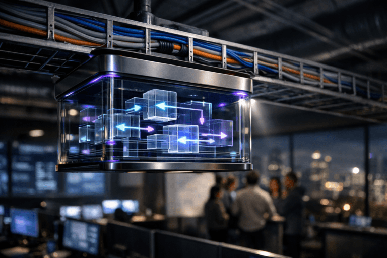 A photorealistic medium-wide cinematic shot, camera positioned approximately 1–2 meters from the subject, capturing a sleek, ceiling-mounted glass-and-metal “innovation control hub” — a compact rectangular module integrated into a metal cable tray, surrounded by neatly organized, color‑coded network cables — its layered transparent panels forming a stylized 3D sculpture of interconnected blocks and flow arrows that metaphorically represent structured Innovation Management, with a subtle, data‑rich interface glow, clearly readable within a realistic environment. The object integrates subtle electric-purple accents indicating intelligence or activity without overpowering realism. Set in a modern corporate innovation war room at night, with an exposed industrial ceiling, long rows of workstations below, large wall displays showing blurred analytics, and a soft view of a tech city skyline through distant glass windows, with natural human presence in the background or periphery as a small, diverse group of professionals collaborates around screens and whiteboards, slightly out of focus. Lighting is low-key and practical, coming from monitors, ceiling fixtures and distant windows, complemented by a soft integrated white spotlight from the side that gently illuminates the innovation control hub, revealing the polished metal, glass textures and the orderly cable management overhead. Cinematic realism, natural depth of field, premium materials, ultra-detailed, 8K, no text, no captions, no watermarks.