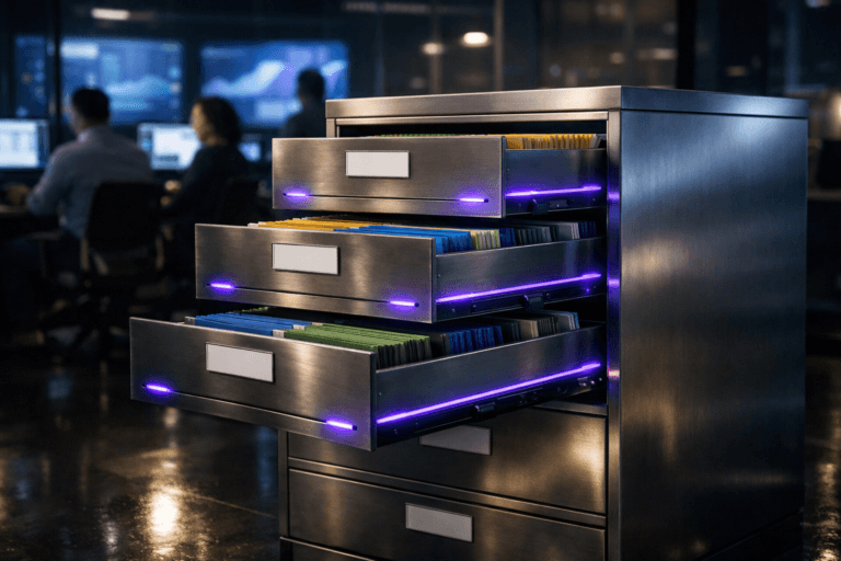 A photorealistic medium-wide cinematic shot, camera positioned approximately 1–2 meters from the subject, capturing a sleek matte-steel filing cabinet used as a physical “license command console,” transformed into a refined real-world data sculpture, with several half-open drawers, neatly organized color-coded folders, clean white label holders without any writing, and subtle embedded electric-purple (#7B63FF) LED accents along the drawer edges clearly readable within a realistic environment. The object integrates subtle electric-purple accents indicating intelligence or activity without overpowering realism. Set in a modern enterprise IT command room and product operations war room at night, with dark glass walls, large wall-mounted screens showing soft-focus abstract analytics visuals, rows of contemporary workstations, and a small diverse team of professionals in business-casual attire working in the background, partially silhouetted, providing natural human presence in the periphery. Lighting is low-key and practical, complemented by a soft integrated white spotlight from the side, gently revealing form, texture, and depth on the cabinet’s brushed metal surfaces and the surrounding floor reflections. Cinematic realism, natural depth of field, premium materials, ultra-detailed, 8K, no text, no captions, no watermarks.