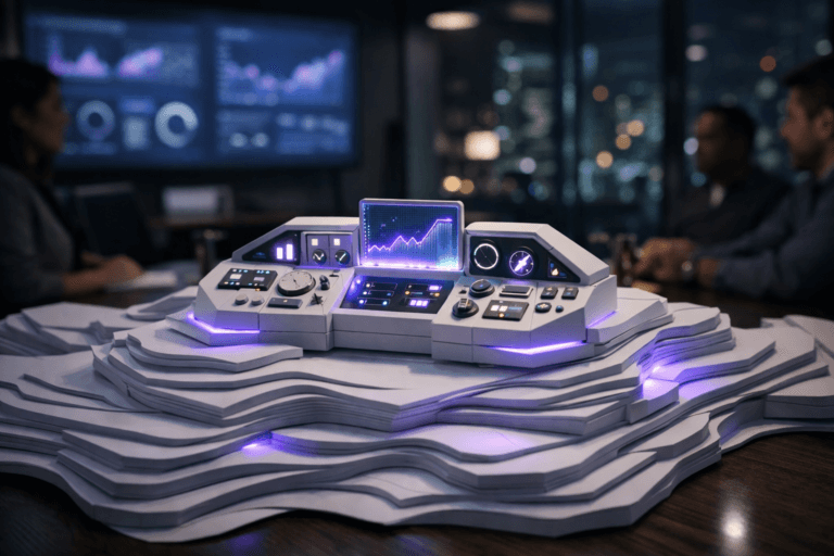 A photorealistic medium-wide cinematic shot, camera positioned approximately 1–2 meters from the subject, capturing a sleek physical tabletop sculpture representing data-driven brand management: an isometric 3D cockpit-style control panel made of stacked matte white acrylic blocks and clear glass elements, embedded with tiny glowing graphs, dials, and indicator lights, resting at the center of a layered white paper topographic map model that rises and falls like a stylized market landscape, clearly readable within a realistic environment. The object integrates subtle electric-purple (#7B63FF) accents indicating intelligence or activity without overpowering realism, appearing as soft edge glows, slim light strips, and reflected highlights across the cockpit sculpture and paper layers. Set in a modern corporate “war room” brand command center at night, with a long conference table supporting the white paper terrain, large wall-mounted screens in the background softly out of focus showing abstracted analytics dashboards without legible text, glass walls revealing a moody tech-noir city skyline with restrained neon reflections, and a small, diverse group of marketing professionals partially visible around the table in the periphery, candid and focused yet clearly secondary to the hero object. Lighting is low-key and practical, coming from overhead recessed fixtures and the ambient glow of the screens and city lights, complemented by a soft integrated white spotlight from above and slightly to the side that gently reveals the form, texture, and depth of the cockpit sculpture and the layered paper topography. Cinematic realism, natural shallow-to-medium depth of field with the hero object in crisp focus and background gently blurred, premium materials, ultra-detailed surface textures, 35mm lens look, 8K, no captions, no UI labels, no text overlays, no numbers, no watermarks.