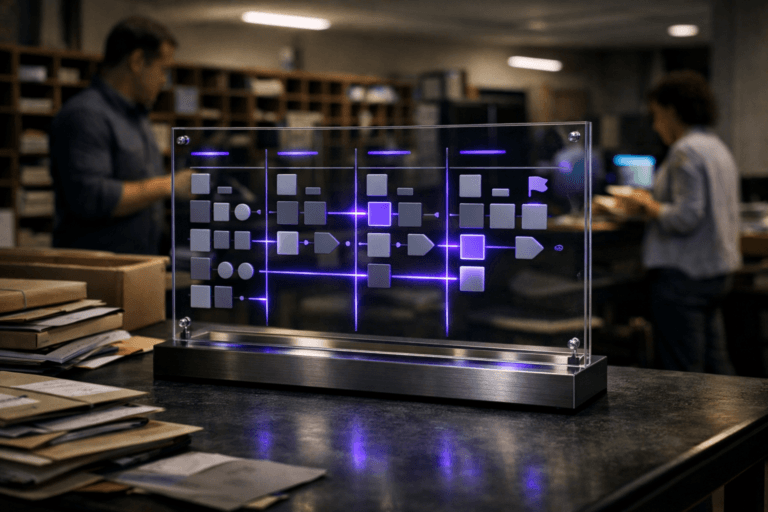 A photorealistic medium-wide cinematic shot, camera positioned approximately 1–2 meters from the subject, capturing a sleek physical desk sculpture that represents Change Management as a product roadmap: a transparent acrylic kanban-style board mounted on a dark brushed-metal base, with clean geometric columns of small modular tiles and cards arranged in orderly lanes, no written labels or text anywhere, only minimalist shapes and icons, subtle electric-purple (#7B63FF) light tracing the edges of the lanes and a few tiles to suggest intelligent, continuous flow of change, clearly readable within a realistic environment. The object integrates subtle electric-purple accents indicating intelligence or activity without overpowering realism. Set in a contemporary corporate mailroom with a real mail-sorting table in the foreground and wooden mail cubbies and sorting niches receding into the background, neutral walls, muted floors, and a few diverse professionals in business-casual attire moving naturally in the periphery, slightly out of focus as they sort envelopes and packages, creating a lived-in, tech-noir office atmosphere with restrained neon reflections from nearby computer screens and status monitors. Lighting is low-key and practical, coming from overhead office fixtures, a small desk lamp, and the glow of screens, complemented by a soft integrated white spotlight from above and slightly to the side that gently reveals the sculpture’s glassy surfaces, metal textures, and the depth of the mailroom, with natural shallow-to-medium depth of field separating the hero object from the background. Cinematic realism, premium materials, ultra-detailed, subtle tech-noir color palette of neutral corporate tones with controlled electric-purple accents, 8K, no captions, no text overlays, no watermarks.