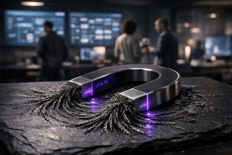 A photorealistic medium-wide cinematic shot, camera positioned approximately 1–2 meters from the subject, capturing a high-end metallic horseshoe magnet resting on a natural black slate tabletop, cleanly attracting finely detailed iron filings that form clear magnetic field lines and organized arcs, as if subtly structuring flows and clusters around it, clearly readable within a realistic environment. The magnet has a precise, premium finish with subtle electric-purple #7B63FF accents along its inner edges and faint reflections of interface-like icons, and a gentle electric-purple glow is softly reflected on nearby iron filings to indicate intelligence and orchestration without overpowering realism. Set in a modern digital-transformation “war room” / product operations room at night in a tech company office, with large wall-mounted screens in the background showing blurred product roadmaps, dashboards, and kanban-style boards in muted blues and greys with restrained neon highlights; diverse professionals in smart-casual attire stand and confer around the screens and a conference table in the periphery, slightly out of focus, reinforcing a sense of organizational change and collaboration. Lighting is low-key and practical, coming from the wall screens, a few overhead fixtures, and a desk lamp, complemented by a soft integrated white spotlight from above and slightly to the side of the magnet, gently revealing the form, texture of the slate surface, metallic sheen of the magnet, and granular detail of the iron filings. Shot with a 35mm–50mm lens look at shallow-to-medium depth of field so the magnet and iron field patterns are tack-sharp while the background people and screens are softly blurred. Cinematic realism, tech-noir mood, neutral corporate color palette with restrained electric-purple accents, premium materials, ultra-detailed, 8K, no captions, no text overlays, no watermarks.