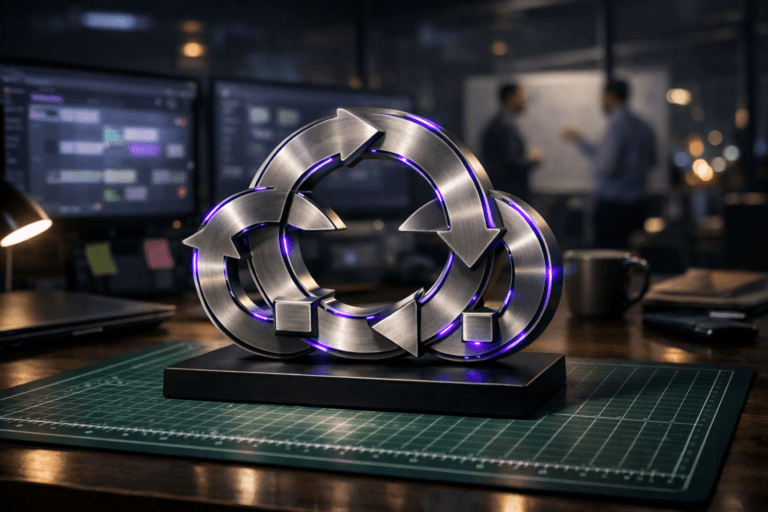 A photorealistic medium-wide cinematic shot, camera positioned approximately 1–2 meters from the subject, capturing a refined real-world hero object: a sleek physical desktop sculpture symbolizing digital change management, made of premium brushed metal, three interlocking circular arrows and small timeline blocks forming a continuous workflow loop, mounted on a matte black base and resting on a green cutting mat with a precise white measurement grid on a product manager’s desk, clearly readable within a realistic environment. The object integrates subtle electric-purple (#7B63FF) accent lines and tiny LED-like edges along the arrows and blocks, indicating intelligence and activity without overpowering realism. Set in a modern Tech-Noir digital product office at night, a lived-in workspace with multiple ultrawide monitors showing soft, out-of-focus dashboards and roadmaps, scattered sticky notes, a laptop, coffee mugs and peripherals on the desk, glass walls revealing faint city lights and restrained neon reflections, with diverse professionals in business-casual attire collaborating in the background in soft focus, standing near a whiteboard and screens, providing natural human presence in the periphery. Lighting is low-key and practical, coming from monitor glow, a desk lamp and ambient ceiling lights, complemented by a soft integrated white spotlight from the side that gently reveals the sculpture’s form, texture and depth, casting controlled shadows on the cutting mat. Cinematic realism, subtle Tech-Noir mood, natural depth of field with the sculpture in crisp focus and background softly blurred, premium materials, ultra-detailed, 8K, no text, no UI elements, no watermarks.