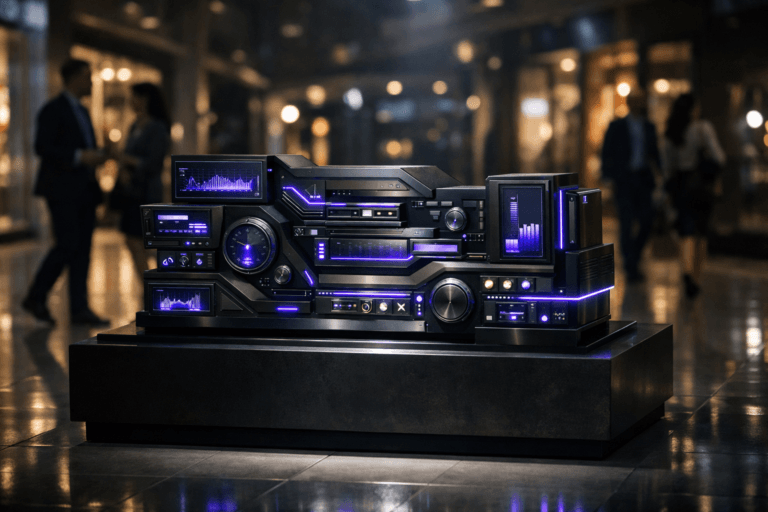 A photorealistic medium-wide cinematic shot, camera positioned approximately 1–2 meters from the subject, capturing a sleek, desk-sized physical sculpture inspired by a marketing operations cockpit — layered dashboard-like panels, miniature integrated screens, dials, and indicator lights forming a cohesive abstract control console — made of brushed dark metal and smoked glass, resting on a low pedestal in the center of the frame, clearly readable within a realistic environment. The object integrates subtle electric-purple #7B63FF accents along its edges and indicator lines to suggest data flow, intelligence and activity without overpowering realism. Set in a glossy porcelain-floored shopping mall corridor at night, with polished reflections on the floor, softly lit storefronts fading into shadow, cool ambient overhead lighting, and a few blurred, well-dressed diverse professionals walking and talking in the background or periphery, creating a subtle tech-noir corporate atmosphere. Lighting is low-key and practical, coming from the mall’s ceiling fixtures and the soft glow of the storefronts and the sculpture’s indicators, complemented by a gentle white spotlight from above and slightly to the side, delicately revealing the form, texture, and depth of the sculpture. Cinematic realism, natural shallow-to-medium depth of field, premium materials, ultra-detailed, 8K, 35mm lens look, no text, no UI, no watermarks.