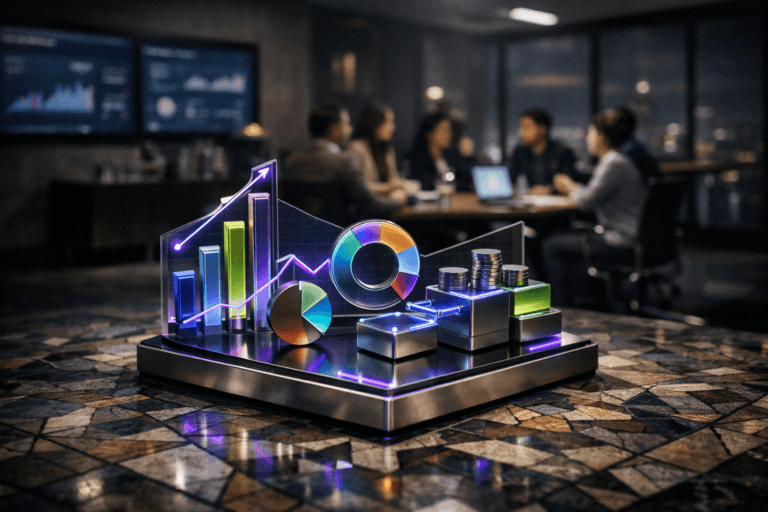 A photorealistic medium-wide cinematic shot, camera positioned approximately 1–2 meters from the subject, capturing a sleek physical desk sculpture representing marketing budget management: a polished glass-and-brushed-metal isometric-style analytics dashboard object with stacked bars, circular charts, and interlinked budget tiles rising from a solid base, colorful yet refined, resting on an intricate geometric mosaic tile floor in the center of the frame, clearly readable within a realistic environment. The object integrates subtle electric-purple #7B63FF light traces and edge glows indicating intelligence or activity without overpowering realism. Set in a contemporary corporate war-room meeting space at night, with the complex mosaic floor extending into a tech-noir environment of dark neutral walls, large wall-mounted screens softly displaying out-of-focus financial dashboards, glass partitions, and a panoramic window hinting at a moody city skyline; a diverse group of marketing and product professionals in business-casual attire are seen in soft focus around a conference table in the background, collaborating and gesturing naturally. Lighting is low-key and practical, coming from overhead office panels, laptop and screen glow, and ambient city light, complemented by a soft integrated white spotlight from above that gently reveals the sculpture’s form, texture, and depth, casting crisp yet subtle shadows across the mosaic floor. Cinematic realism, 35mm lens look, natural shallow-to-medium depth of field, neutral corporate color palette with restrained neon purple and cyan accents, premium materials, ultra-detailed, 8K, no text, no captions, no watermarks.