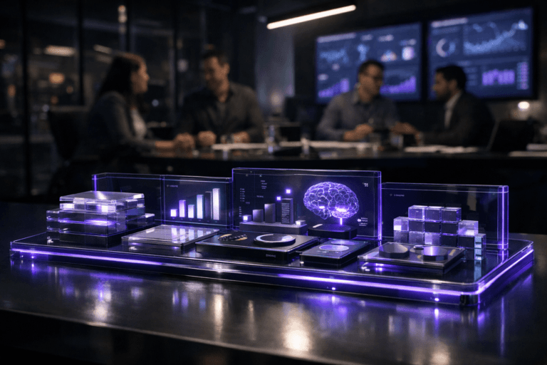 A photorealistic medium-wide cinematic shot, camera positioned approximately 1–2 meters from the subject, capturing a sleek, translucent acrylic “product management control panel” on a colored acrylic tabletop — composed of neatly organized physical tiles, stacked cards, and modular blocks representing roadmap, metrics, AI insights, and user cohorts — clearly readable within a realistic environment. The object integrates subtle electric-purple #7B63FF accents in edge lighting, interface glows, and small indicator strips, suggesting live data and intelligence without overpowering realism. Set in a modern tech-noir war room-style product operations space at night, with floor-to-ceiling glass, dark walls, and multiple large wall-mounted dashboards softly glowing in the background, where a diverse group of product managers and business stakeholders in smart-casual attire collaborate around the table, slightly out of focus in the periphery. Lighting is low-key and practical, coming from the dashboard screens, a few overhead linear LEDs, and a soft integrated white spotlight from above that gently reveals the form, layered structure, and glossy texture of the acrylic control panel and surface. Cinematic realism, natural shallow-to-medium depth of field, neutral corporate color palette with restrained neon purple and cyan accents, premium materials, ultra-detailed, 8K, no text, no captions, no watermarks.