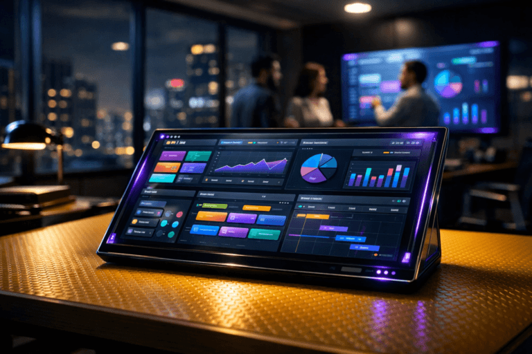 A photorealistic medium-wide cinematic shot, camera positioned approximately 1–2 meters from the subject, capturing a sleek digital product management “control panel” as the hero object: a large, semi-transparent tablet-like dashboard device resting on a premium yellow synthetic honeycomb-textured desk, its surface filled with neatly organized, color‑coded interface tiles, charts and roadmap cards arranged in a harmonious, optimized grid, clearly readable within a realistic environment, no legible text. The object integrates subtle electric-purple (#7B63FF) accents indicating intelligence or activity along screen edges, icons and soft indicator glows without overpowering realism. Set in a modern tech-noir product war room inside a Brazilian corporate office at night, with floor-to-ceiling windows revealing a moody city skyline, additional wall-mounted screens casting a cool ambient glow, and a small, diverse group of professionals in smart-casual attire collaborating in the background around another screen, softly out of focus at the edges of the frame. Lighting is low-key and practical, coming from the dashboards, desk lamps and city lights, complemented by a soft integrated white spotlight from above and slightly to the side that gently reveals the honeycomb texture of the desk, the glassy surfaces and the refined materials of the device, adding depth and contrast. Cinematic realism, 35mm lens look, natural shallow-to-medium depth of field, premium materials, subtle neon reflections, ultra-detailed, 8K, no captions, no floating elements, no watermarks.