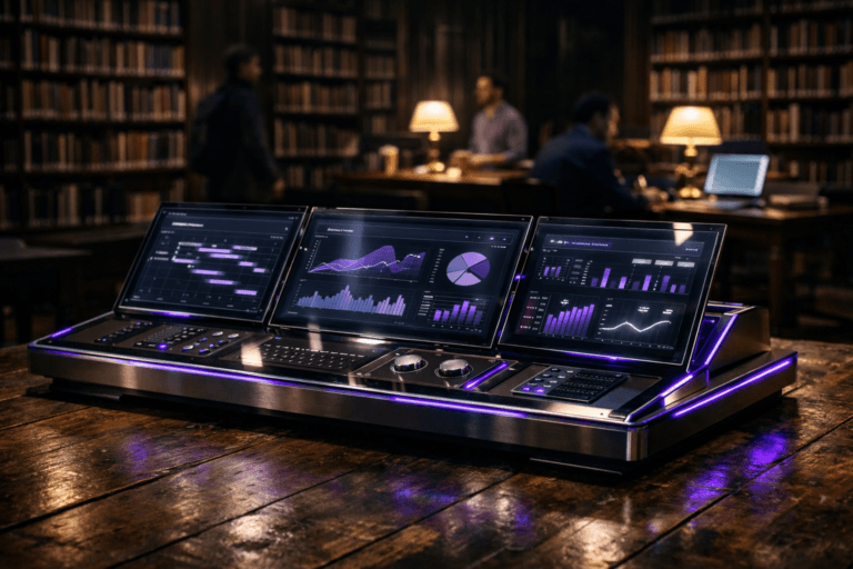 A photorealistic medium-wide cinematic shot, camera positioned approximately 1–2 meters from the subject, capturing a sleek, table-sized physical “project control panel” sculpture on the worn wooden floor — a premium glass-and-metal console representing data-driven project management, with multiple slightly angled transparent screens and panels showing abstract timelines, graphs and portfolio metrics (no legible text), subtle status lights and clean geometric controls — clearly readable within a realistic environment. The object integrates subtle electric-purple (#7B63FF) accent LEDs and thin light traces running along its edges and data lines, indicating intelligence and real-time activity without overpowering realism. Set in a grand old library at night, with tall dark-wood bookshelves stretching into the background, rows of vintage books, a few modern laptops on distant reading tables, and 2–3 diverse professionals in smart-casual attire softly out of focus as they work or walk between aisles, blending historical knowledge with contemporary technology in a Tech-Noir mood. Lighting is low-key and practical, coming from warm desk lamps, a faint cool glow from the control panel screens reflected on nearby books, and a soft integrated white spotlight from above and slightly to the side, gently revealing form, texture, and depth on the console and the wooden floor. Cinematic realism, natural shallow-to-medium depth of field, neutral corporate color palette with restrained neon accents, premium materials, ultra-detailed, 8K, no captions, no text overlays, no watermarks.