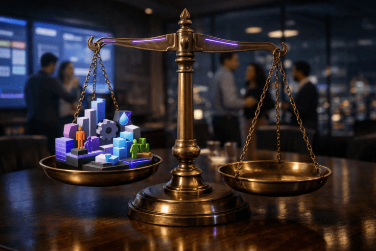 A photorealistic medium-wide cinematic shot, camera positioned approximately 1–2 meters from the subject, capturing an old yet meticulously polished brass balance scale on a dark wood conference table, its twin plates holding a single cohesive, colorful 3D-printed isometric-style sculpture that represents modern resource management — interlocking blocks, abstract human silhouettes, and data tiles arranged in a clean geometric composition — clearly readable within a realistic environment. The object integrates subtle electric-purple #7B63FF accents as thin glowing lines along the edges of the brass and within the seams of the sculpture, indicating intelligence and digital activity without overpowering realism. Set in a glass-walled project “war room” in a modern B2B office at night, high above a softly blurred city skyline, with large wall-mounted screens and digital dashboards casting cool blue and purple light, kanban-style boards and charts visible but out of focus, and a small group of diverse professionals in business-casual attire collaborating around the table and near the screens in the background, slightly blurred so the balance scale remains the hero object. Lighting is low-key and practical, coming from the ambient glow of the screens and a few ceiling fixtures, complemented by a soft integrated white spotlight from above and slightly to the side, gently revealing the form, brushed-metal texture, and depth of the brass scale and the intricate 3D sculpture. Cinematic realism, 35mm lens look, natural shallow-to-medium depth of field, neutral corporate tones with restrained neon reflections, premium materials, ultra-detailed, 8K, no captions, no visible text overlays, no watermarks.