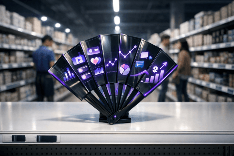 A photorealistic medium-wide cinematic shot, camera positioned approximately 1–2 meters from the subject, capturing a sleek, partially opened handheld fan standing upright on a pristine white supermarket gondola shelf with a minimalist price rail, each blade of the fan designed like a glossy mini dashboard panel showing abstract charts, social media-style icons and interface tiles (no readable text), subtly suggesting AI-driven social media management, data and ROI, clearly readable within a realistic environment. The object integrates subtle electric-purple #7B63FF accents along the fan’s edges and within the graphic data patterns, indicating intelligence or activity without overpowering realism. Set in a modern, softly futuristic supermarket aisle at night, with long white shelves receding into the distance, neatly organized neutral-toned products and slim digital price tags, and a few casually dressed, diverse shoppers plus a store employee visible softly out of focus further down the aisle, providing natural human presence in the background or periphery. Lighting is low-key and practical from overhead aisle fixtures and cool display lighting, complemented by a soft integrated white spotlight from above that gently highlights the fan, the shelf surface and subtle reflections on the acrylic-like blades, revealing form, texture and depth. Cinematic realism, natural depth of field, premium materials, ultra-detailed, 8K, no captions, no text overlays, no watermarks.
