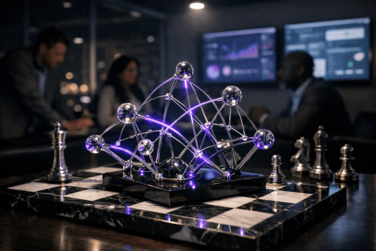 A photorealistic medium-wide cinematic shot, camera positioned approximately 1–2 meters from the subject, capturing a premium glass-and-metal abstract centerpiece sculpture, physically plausible, shaped like an interconnected network of nodes and arcs emerging from the center of a polished black-and-white marble chessboard resting on a sleek dark conference-room table, clearly symbolizing data-driven customer relationship management, clearly readable within a realistic environment. The object integrates subtle electric-purple (#7B63FF) accents indicating intelligence or activity without overpowering realism, with fine purple light tracing some of the internal network lines and casting faint reflections on nearby high-end metallic chess pieces. Set in a dimly lit glass-walled corporate meeting room at night, the chessboard and sculpture dominating the foreground, city lights and muted CRM-style dashboards glowing softly on wall-mounted screens in the background, with a small group of diverse business professionals in business-casual attire softly out of focus as they collaborate around the table at the edges of the frame, the overall atmosphere combining modern corporate realism with subtle tech-noir neon reflections. Lighting is low-key and practical, complemented by a soft integrated white spotlight from above and gentle spill from the screens at the side, gently revealing form, texture, and depth in the sculpture, chessboard, and table surface. Cinematic realism, natural depth of field, 35mm lens look, premium materials, ultra-detailed, 8K, no text, no captions, no watermarks.