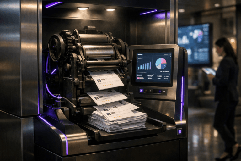 A photorealistic medium-wide cinematic shot, camera positioned approximately 1–2 meters from the subject, capturing a compact antique-style mobile printing press retrofitted into a sleek modern self-service kiosk console, rapidly stamping stacks of paper sheets that resemble social media comments and reviews, with subtle interface lights and a small neutral dashboard screen built into the frame, clearly readable within a realistic environment. The object integrates subtle electric-purple #7B63FF accents along indicator lights, cable glows and edge reflections, indicating intelligence and real-time activity without overpowering realism. Set in a dimly lit, tech-noir inspired self-service voting-style booth inside a contemporary corporate lobby at night, brushed metal walls and glass panels around the kiosk, blurred large wall-mounted screens in the background showing abstracted social media dashboards and reputation analytics, with a few diverse professionals passing by and one person slightly out of focus at the periphery checking a tablet, suggesting an always-on brand reputation command center. Lighting is low-key and practical, coming from the kiosk screen, overhead fixtures and distant lobby lamps, complemented by a soft integrated white spotlight from above, gently revealing the press mechanism, stamped papers and kiosk textures with rich shadows and reflections. Cinematic realism, natural shallow-to-medium depth of field, 35mm lens look, neutral corporate tones with restrained neon purple and cool blue accents, premium materials, ultra-detailed, 8K, no text overlays, no watermarks.