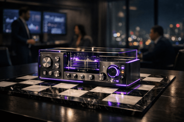 A photorealistic medium-wide cinematic shot, camera positioned approximately 1–2 meters from the subject, capturing a refined real-world hero object: a sleek glass-and-brushed-metal risk control console emerging from the center of a black-and-white marble chessboard resting on a dark executive conference table, its physical dials, layered transparent panels, illuminated indicator dots and minimalist analog knobs clearly readable within a realistic environment. The object integrates subtle electric-purple (#7B63FF) accents along thin LED light strips, edge glows and a few tiny status indicators, suggesting live data, intelligence and continuous risk monitoring without overpowering realism. Set in a dimly lit, high-end corporate boardroom at night with floor-to-ceiling windows overlooking a defocused São Paulo city skyline with distant neon, wall-mounted screens in the background softly blurred with abstract graphs and dashboards, and a few diverse business professionals in suits and smart-casual attire standing and sitting around the table in the periphery, naturally posed, engaged in quiet discussion, slightly out of focus. Lighting is low-key and practical, coming from overhead recessed fixtures, the cool city glow through the windows and soft screen spill, complemented by a soft integrated white spotlight from above that gently sculpts the chessboard and console, revealing fine marble veining, brushed metal grain and subtle reflections in the glass panels, adding depth and contrast. Cinematic realism, 35–50mm lens look, natural shallow-to-medium depth of field, premium materials, ultra-detailed, 8K, subtle Tech-Noir mood, neutral corporate color palette with restrained electric-purple accents, no text, no captions, no watermarks.