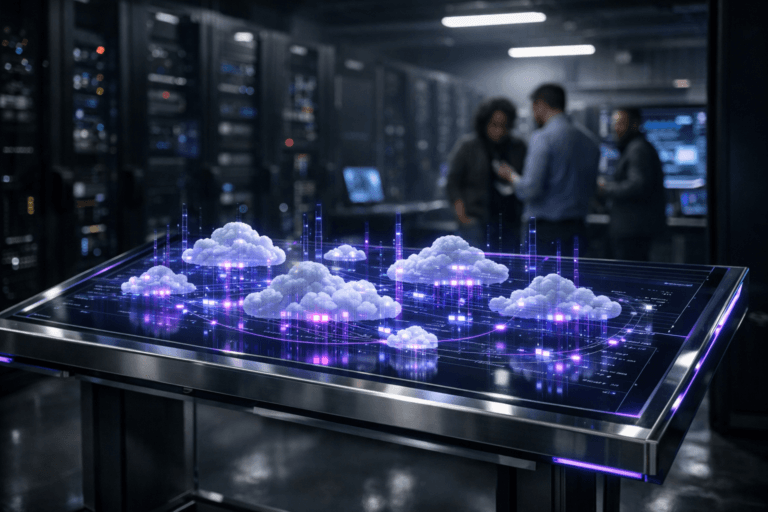 A photorealistic medium-wide cinematic shot, camera positioned approximately 1–2 meters from the subject, capturing a sleek waist-height transparent glass cloud-operations control console in the center of the frame, its surface presenting a clearly readable, highly detailed 3D isometric holographic visualization of translucent data clouds and luminous particles arranged in complex clusters, representing advanced cloud services management within a realistic environment. The object integrates subtle electric-purple (#7B63FF) accents pulsing through the holographic data clouds, light trails, and fine edge highlights on the console, indicating intelligence and live activity without overpowering realism. Set in a cold, dimly lit data center corridor flanked by tall matte-black server racks receding into the distance, with faint status LEDs, structured cabling, and a few auxiliary screens suggesting a high-stakes digital war room for mission-critical multicloud operations, with a small group of diverse IT engineers in smart-casual attire working and conferring in the background and periphery, slightly out of focus and secondary to the console. Lighting is low-key and practical, coming from overhead strip lights, server LEDs, and the console’s glow, complemented by a soft integrated white spotlight from above and slightly to the side, gently revealing the console’s glass and metal textures, the depth and volume of the holographic clouds, and subtle reflections on the polished floor while the background drops into cool blue-gray shadow. Cinematic realism, natural shallow-to-medium depth of field, neutral corporate palette with restrained neon purple accents, premium materials, ultra-detailed, 8K, no captions, no text overlays, no watermarks, no identifiable real-world logos.