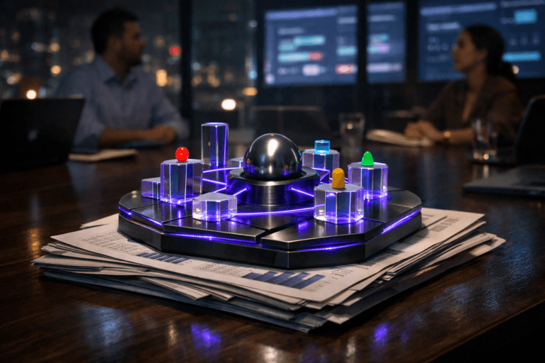 A photorealistic medium-wide cinematic shot, camera positioned approximately 1–2 meters from the subject, capturing a refined real-world hero object representing stakeholder management: a solid, physical desk sculpture with clean isometric-inspired geometry, a polished dark-metal central hub surrounded by interconnected glass and acrylic nodes in varying heights, small colored markers indicating different stakeholder groups, all resting on a neatly stacked pile of printed financial reports and newspaper pages spread on a modern dark-wood office desk, clearly readable as a tangible centerpiece within a realistic environment. The object integrates subtle electric-purple (#7B63FF) accents along its edges and connection lines, with a gentle inner glow suggesting data, alignment, and intelligent activity without overpowering realism. Set in a dimly lit, glass-walled corporate meeting room of a Brazilian tech company at night, overlooking a moody city skyline with soft neon reflections on the windows, large wall-mounted screens and laptops in the background showing blurred product dashboards and roadmaps, and a diverse group of professionals in business-casual attire at the table, slightly out of focus, engaged in calm discussion as secondary elements. Lighting is low-key and practical, coming from desk lamps, laptop screens, and city light spill, complemented by a soft integrated white spotlight from above that gently highlights the sculpture, paper textures, and desk surface, revealing form, texture, and depth without harsh shadows. Cinematic realism, subtle tech-noir mood, neutral corporate color palette with restrained electric-purple and cool cyan accents, natural shallow-to-medium depth of field, premium materials, ultra-detailed, 8K, no text overlays, no captions, no watermarks.