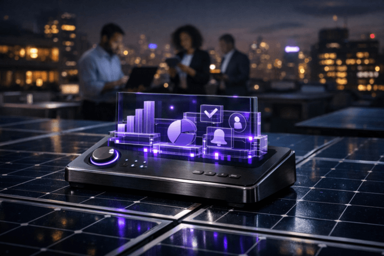 A photorealistic medium-wide cinematic shot, camera positioned approximately 1–2 meters from the subject, capturing a sleek physical “subscription control console” — a matte-black and brushed-metal desktop device resting on the edge of a dark-blue photovoltaic solar panel with silver grid lines, its surface composed of stacked translucent glass tiles and embedded indicator lights forming an abstract 3D sculpture of an AI-powered subscription management dashboard (no readable text, only icons and graph-like shapes) — clearly readable within a realistic environment. The object integrates subtle electric-purple #7B63FF accents indicating intelligence or activity without overpowering realism, with small status LEDs and faint neon reflections along the glass edges. Set in a nocturnal Tech-Noir rooftop scene atop a modern Brazilian SaaS office building, surrounded by rows of solar panels and low rooftop infrastructure, overlooking a dense Latin American city skyline with warm office windows and distant neon signage, thin haze catching the city lights, with a few diverse professionals in smart-casual attire in the background examining laptops and tablets near the panels, softly out of focus. Lighting is low-key and practical, coming from the city glow, laptop screens, and discrete rooftop fixtures, complemented by a soft integrated white spotlight from the upper left that gently reveals the console’s form, metal texture, and glass reflections and casts subtle highlights across the solar panel grid. Cinematic realism, natural shallow-to-medium depth of field with the hero object razor sharp and background pleasantly blurred, neutral corporate tones balanced with cool blues and grays and restrained electric-purple accents, premium materials, ultra-detailed, 8K, no captions, no on-screen UI text, no watermarks.