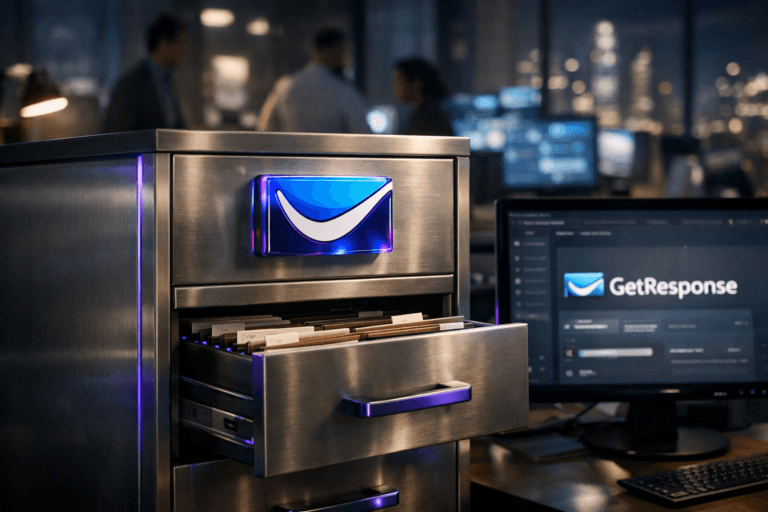 A photorealistic medium-wide cinematic shot, camera positioned approximately 1–2 meters from the subject, capturing a sleek steel filing cabinet as the hero object, its drawers slightly open to reveal neatly organized folders with small label tabs suggested but not legible as text, and a solid 3D isometric acrylic GetResponse logo cleanly mounted on the upper front of the cabinet, with the official GetResponse logo also visible on a nearby desktop monitor showing a softly blurred email-automation dashboard, all clearly readable within a realistic environment. The object integrates subtle electric-purple (#7B63FF) accents along the cabinet edges, drawer handles, and in the reflections on the 3D logo, indicating intelligent, real-time data activity without overpowering realism. Set in a modern, tech-noir digital marketing operations office at night, with metal and glass furniture, multiple monitors displaying abstracted analytics, and a distant view of a futuristic city skyline through large windows, with a diverse group of professionals in business-casual attire softly out of focus in the background and periphery, collaborating around workstations. Lighting is low-key and practical, coming from monitor glow, a desk lamp, and a soft integrated white spotlight from above and slightly to the side of the filing cabinet, gently revealing the brushed metal texture, the 3D logo form, and the depth of the open drawers. Cinematic realism, natural shallow-to-medium depth of field, 35mm–50mm photographic look, neutral corporate color palette with restrained neon tech-noir accents, premium materials, ultra-detailed, 8K, no captions, no readable text overlays, no watermarks.