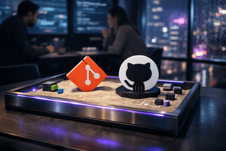 A photorealistic medium-wide cinematic shot, camera positioned approximately 1–2 meters from the subject, capturing a sleek rectangular glass-and-metal tabletop sandbox centerpiece on a dark matte conference table, the fine light sand carefully leveled, with solid 3D isometric sculptures of the official Git logo (vibrant orange rhombus) and the official GitHub mark (black Octocat emblem in a white circle on a low black plinth) emerging from the sand as premium matte acrylic objects, logos clearly readable yet tastefully integrated, surrounded by small neatly arranged, colorful tech-themed blocks and miniature server-like modules that subtly suggest code units and tools rather than childish toys, within a realistic environment. The object integrates subtle electric-purple #7B63FF accents in the sandbox frame edge glow and faint circuitry-like lines in the sand, indicating intelligence or activity without overpowering realism. Set in a late-evening glass-walled enterprise software war-room high in a modern office tower, overlooking a rain-slicked, neon-lit cityscape with soft purple and cyan reflections on the windows, multiple large monitors on the walls showing blurred code and dashboards, and a diverse group of realistic professionals in smart-casual attire collaborating in the background and periphery, slightly out of focus. Lighting is low-key and practical, coming from the monitors, city lights through the windows, and a soft integrated white spotlight from above slightly to the side, gently revealing the form, texture, and depth of the sandbox, logos, and surrounding table, with natural shadows and subtle reflections. Cinematic realism, natural shallow-to-medium depth of field, 35–50mm photographic look, premium materials, ultra-detailed, 8K resolution, no captions, no on-screen UI, no text overlays, no watermarks.