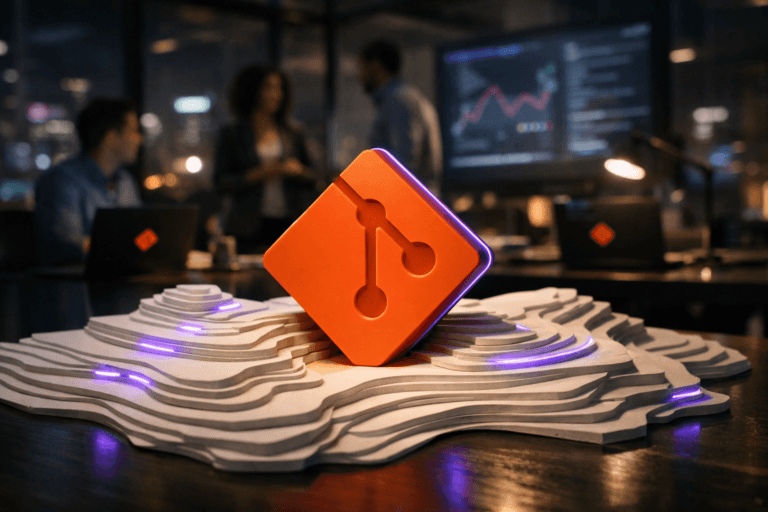 A photorealistic medium-wide cinematic shot, camera positioned approximately 1–2 meters from the subject, capturing a solid 3D-printed isometric Git logo sculpture in the official orange color, with clean beveled edges and subtle engraved branching lines, resting as the hero object on a physical white topographic landscape made of layered, cut paper sheets arranged like contour lines on a dark conference table, the Git logo clearly readable on the sculpture’s front face and echoed discreetly as small icons on nearby laptop screens within a realistic environment. The object integrates subtle electric-purple (#7B63FF) accents glowing softly along a few of the paper “commit path” ridges and in a thin edge highlight around the Git logo, indicating intelligence and activity without overpowering realism. Set in a modern tech-noir SaaS war-room at night inside a glass-walled corporate office, with a few diverse professionals in business-casual attire standing and sitting around the table in the background, casually collaborating and looking toward laptops and large wall-mounted displays showing abstracted graphs and code (no readable text), city lights and muted neon reflections in purple and teal visible through the windows. Lighting is low-key and practical, coming from laptop screens, a large wall display, and a few desk lamps, complemented by a soft integrated white spotlight from above and slightly to the side, gently revealing the form, texture, and depth of the Git logo sculpture and the layered paper topographic map while keeping the background moody and slightly out of focus. Cinematic realism, 35mm–50mm lens look, natural medium depth of field with the hero object in crisp focus and the people and city softly blurred, premium materials, ultra-detailed, 8K, neutral corporate palette with restrained neon accents, no captions, no text overlays, no watermarks.