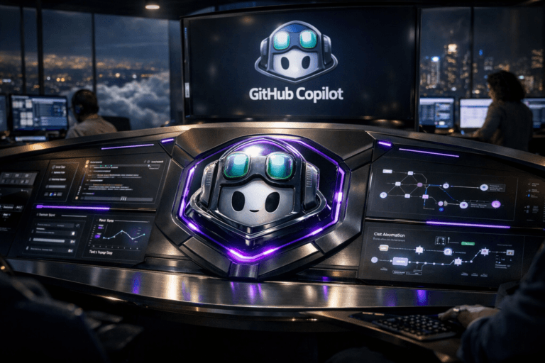 A photorealistic medium-wide cinematic shot, camera positioned approximately 1–2 meters from the subject, capturing a sleek 3D isometric GitHub Copilot logo as a physical, glass-like sculpted interface element embedded at the center of a large curved control-panel dashboard, the official GitHub Copilot logo clearly visible on the main screen and on the sculpted emblem, surrounded by clean UI visualizations representing code suggestions, tests, QA coverage, and CI/CD pipeline flow within a realistic engineering command-center environment. The object integrates subtle electric-purple (#7B63FF) accents, pulsing gently through edge lighting, indicator lines, and interface highlights to suggest intelligence and activity without overpowering the neutral graphite, matte-black, and brushed-metal surfaces. Set in a high-rise, glass-walled nighttime control room above a modern city, with a sea of softly illuminated cumulus clouds drifting far below the panoramic windows and distant skyscraper lights shimmering through the haze, evoking the sensation of operating in the sky while remaining grounded in a real-world workspace; several realistic, diverse software engineers in casual-professional attire sit and stand at adjacent workstations in the background and periphery, focused on their monitors and large wall-mounted dashboards, their presence candid and secondary to the central Copilot panel. Lighting is low-key and practical, coming from the dashboard screens, side monitors, a few dim overhead fixtures, and a soft integrated white spotlight from above and slightly to the side, gently revealing the form, texture, and depth of the 3D Copilot emblem and control surface while letting the rest of the room fall into a subtle tech-noir shadow. Cinematic realism, 35mm–50mm lens aesthetic, natural shallow-to-medium depth of field with the hero panel crisply in focus and background humans softly rendered, premium materials, ultra-detailed reflections and micro-textures, neutral corporate color palette with restrained neon purple accents, ultra-photorealistic, 8K, no captions, no text overlays, no watermarks.