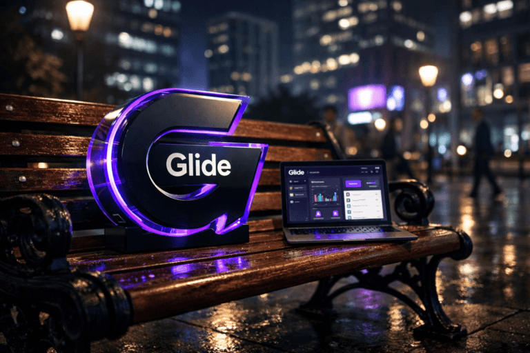 A photorealistic medium-wide cinematic shot, camera positioned approximately 1–2 meters from the subject, capturing a sleek, three-dimensional isometric acrylic sculpture of the Glide logo resting naturally on a classic wooden and cast-iron park bench, with the official Glide logo clearly visible on the front surface and a slim open laptop beside it subtly displaying a Glide dashboard and logo on screen, all clearly readable within a realistic environment. The object integrates subtle electric-purple (#7B63FF) edge lighting and accents along its contours and on the laptop UI, indicating intelligence and activity without overpowering realism. Set in a contemporary urban night-time park scene with the bench under a modern lamp post, rain-slicked paving stones, distant glass office towers and muted digital billboards casting cool blue and soft electric-purple reflections, subtle Tech-Noir atmosphere, and a few diverse professionals in business-casual attire walking or sitting in the distant background, slightly out of focus. Lighting is low-key and practical from the lamp post and laptop screen glow, complemented by a soft integrated white spotlight from the side, gently revealing the form, texture and depth of the Glide logo sculpture, bench and laptop. Cinematic realism, natural depth of field, premium materials, ultra-detailed, 8K, no text, no captions, no watermarks.
