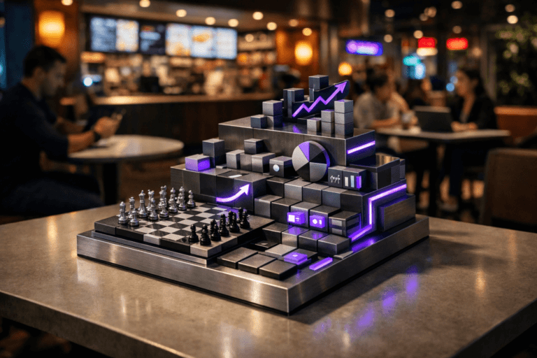 A photorealistic medium-wide cinematic shot, camera positioned approximately 1–2 meters from the subject, capturing a tangible tabletop “go-to-market strategy” hero object: a real, physical isometric-inspired 3D sculpture combining a chessboard and analytics dashboard, made of brushed metal, smoked glass, and matte acrylic blocks. The sculpture features stacked tiers, small cube segments, directional arrows, and metric-like tiles arranged in a clear, organized grid, evoking segments, channels, and pipeline stages, sitting solidly on a clean café table. Edges and select tiles glow subtly with electric-purple #7B63FF accents, suggesting intelligence and activity without looking digital or holographic. Set in a contemporary indoor food court in a Brazilian shopping mall at night, seen in the background with colorful vendor counters, softly glowing digital menu boards, and neon reflections on polished floors, creating a restrained Tech-Noir atmosphere. Natural human presence appears in the background and periphery: a diverse mix of casually dressed professionals chatting, checking phones, and working on laptops at nearby tables, slightly out of focus so the sculpture remains the clear focal point. Lighting is low-key and practical, coming from overhead mall fixtures, screens, and ambient signage, complemented by a soft integrated white spotlight from above and slightly to the side that gently reveals the sculpture’s form, texture, and depth, casting realistic shadows on the table. Cinematic realism, 35mm lens look, natural shallow-to-medium depth of field, premium materials, ultra-detailed, 8K, neutral corporate tones with restrained neon accents, subtle Tech-Noir mood, no captions, no on-screen text, no watermarks.