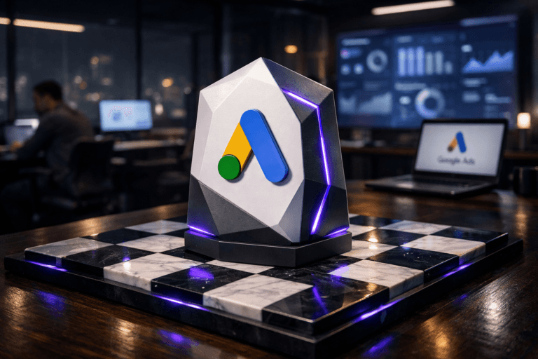 A photorealistic medium-wide cinematic shot, camera positioned approximately 1–2 meters from the subject, capturing a sleek, medium-sized physical sculpture representing Google Ads: a tangible 3D-printed isometric totem with clean geometric facets, premium matte white and charcoal finishes, subtle electric-purple #7B63FF edge accents, and the official Google Ads multicolor “A” logo clearly visible and embossed on its front panel, standing prominently at the center of a glossy black-and-white marble chessboard placed on a dark wooden table. The object integrates subtle electric-purple accents indicating intelligence or activity without overpowering realism, with faint animated light glows along the chessboard grid and soft reflections on the marble squares. Set in a modern tech-noir marketing command room at night, with glass walls revealing a faint city skyline, large screens on the perimeter walls showing abstract campaign dashboards, and a few diverse marketing professionals in business-casual attire working in the background, softly out of focus; one laptop screen on a side desk naturally displays the Google Ads interface with the logo, reinforcing the brand without dominating the frame. Lighting is low-key and practical, coming from monitor screens, a desk lamp, and discreet ceiling strips, complemented by a soft integrated white spotlight from above and slightly to the side that gently reveals the form, texture, and depth of the Google Ads sculpture and the marble chessboard. Cinematic realism, subtle tech-noir color palette with neutral corporate tones, cool shadows and restrained neon purple accents, natural shallow-to-medium depth of field, premium materials, ultra-detailed, 8K, no captions, no text overlays, no watermarks.