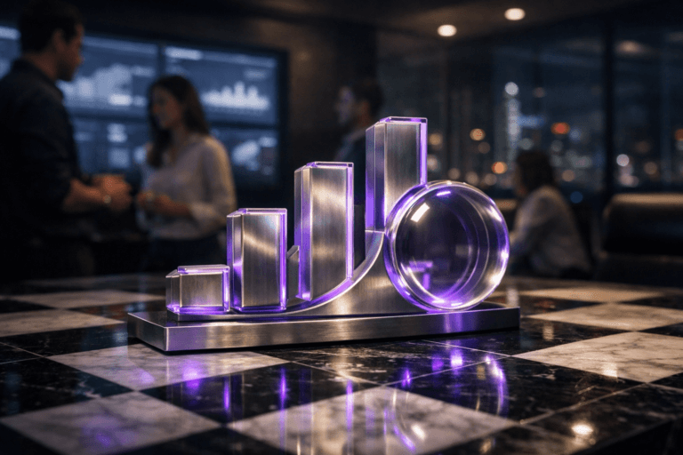 A photorealistic medium-wide cinematic shot, camera positioned approximately 1–2 meters from the subject, capturing a solid 3D isometric sculpture of the official Google Analytics 4 logo, rendered in premium glass and brushed metal, resting prominently on a polished black-and-white marble chessboard surface that functions as an executive conference table, the GA4 logo marks crisp, accurate, and clearly readable within a realistic environment. The object integrates subtle electric-purple #7B63FF accents in the form of thin illuminated edges and soft internal glow lines suggesting intelligent data flow, with gentle purple reflections cast onto the marble squares, indicating intelligence and activity without overpowering realism. Set in a dimly lit, modern tech-noir analytics war room / boardroom at night, high in a corporate high-rise, with large wall-mounted screens in the background softly displaying blurred analytics dashboards, glass walls hinting at a distant city skyline with restrained neon highlights; a small, diverse group of marketing professionals in business-casual attire appears in the background and periphery, naturally posed and slightly out of focus as they confer around the table, keeping the GA4 logo sculpture as the clear hero object. Lighting is low-key and practical, coming from the glow of the screens, a few recessed ceiling fixtures, and a soft integrated white spotlight from above and slightly to the side, gently revealing the form, texture, and depth of the logo sculpture and marble chessboard while leaving the rest of the room in moody shadow. Cinematic realism with a subtle tech-noir atmosphere, 35mm–50mm photographic look, natural shallow-to-medium depth of field, premium materials, ultra-detailed, 8K, no captions, no text overlays, no watermarks.